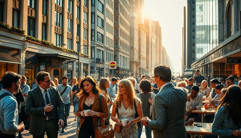 A bustling city street, diverse groups engaged in lively discussions - business partners negotiating, friends debating, strangers exchanging ideas. Warm sunlight filters through towering buildings, casting a golden glow over the scene. Pedestrians move with purpose, their gestures and facial expressions conveying the dynamics of the dialogues. In a cozy cafe, a couple deeply immersed in conversation, cups of steaming coffee forgotten as they exchange perspectives. Elsewhere, a classroom filled with students, their animated discussions facilitated by a thoughtful teacher. The image captures the multifaceted nature of dialog, showcasing its presence in various social and professional contexts.