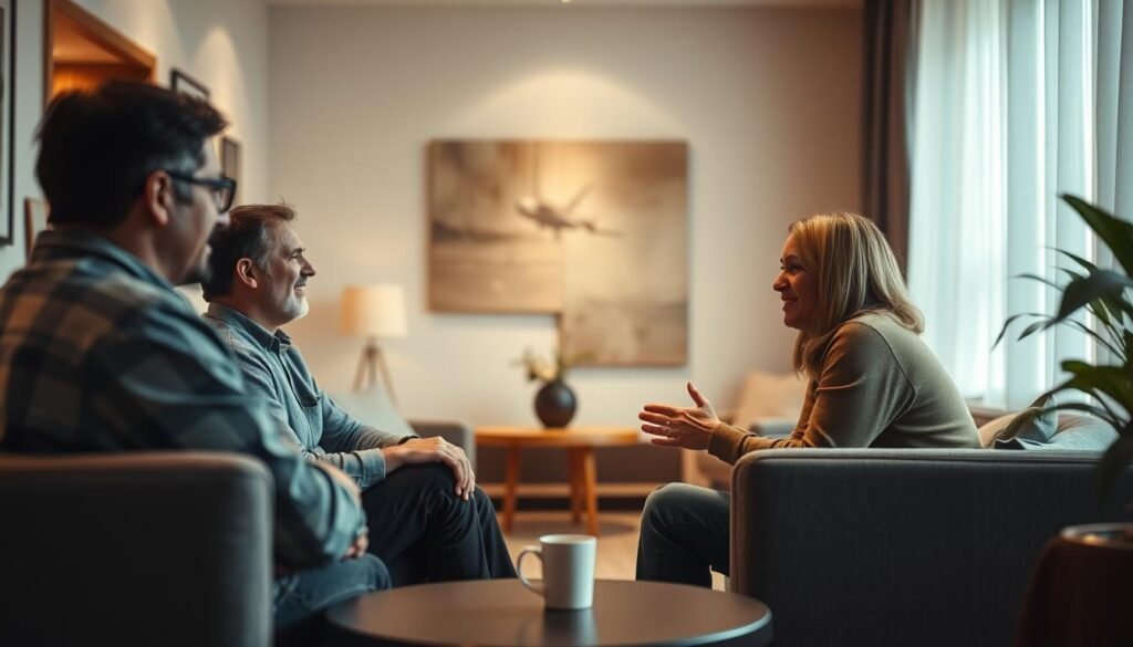 A lively discussion unfolding in a cozy, well-lit room. In the foreground, two individuals seated across from each other, engaged in an animated conversation, their body language conveying the back-and-forth exchange of ideas. The middle ground features a minimalist, contemporary interior design, with clean lines and muted colors that create a calming, focused atmosphere. In the background, subtle abstract elements, such as softly blurred geometric shapes or subtle textures, add depth and visual interest without distracting from the central dialogue. Warm, directional lighting illuminates the scene, casting subtle shadows and highlights that accentuate the subjects' expressions and gestures, creating a sense of intimacy and meaningful exchange.