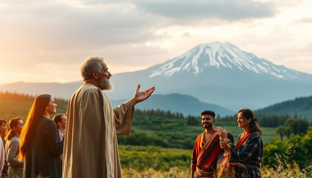 A serene and tranquil scene depicting the harmonious relationship between a benevolent leader and their loyal followers. In the foreground, the leader stands tall and composed, their gaze filled with wisdom and compassion as they extend a guiding hand towards their people. The followers, diverse in their appearance, gather around the leader with an air of reverence and trust, their faces aglow with a sense of belonging and purpose. The middle ground showcases a peaceful, idyllic setting - a lush, verdant landscape bathed in warm, soft lighting that creates an atmosphere of unity and spiritual connection. In the background, a majestic, snow-capped mountain range stands as a symbol of the timeless principles and enduring values that underpin the leader-follower dynamic. The overall mood is one of harmony, trust, and a shared journey towards a higher purpose.