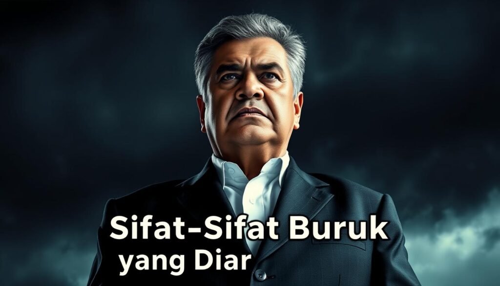 A stern, authoritarian-looking leader standing tall, radiating an air of arrogance and disdain. A dark, ominous background with swirling clouds and a gloomy, unsettling atmosphere. The leader's facial expression is hardened, eyes narrowed, brow furrowed, conveying a sense of callousness and disregard for the well-being of the people. The leader's attire is formal and imposing, projecting a sense of power and control. Dramatic low-angle lighting casts sharp shadows, adding to the oppressive and domineering presence. An image that captures the essence of the "Sifat-Sifat Buruk yang Harus Dihindari" in a leader, as described in the article.