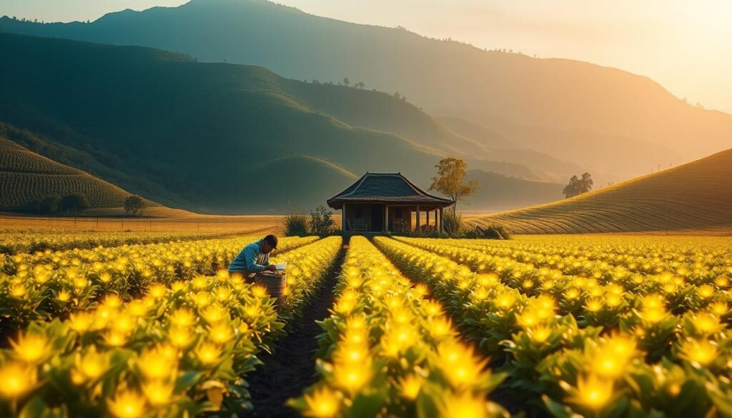 A tranquil rural scene of aura farming, set against a backdrop of lush green hills and a soft, hazy sky. In the foreground, a farmer carefully tends to rows of vibrant, glowing plants, their auras emanating a mesmerizing ethereal light. The middle ground features a small, rustic farmhouse with a thatched roof, nestled among the flourishing crops. Warm, natural lighting filters through the scene, casting a serene, almost mystical atmosphere. The overall composition evokes a sense of harmony between the natural world and the spiritual practice of aura farming, a centuries-old cultural tradition.