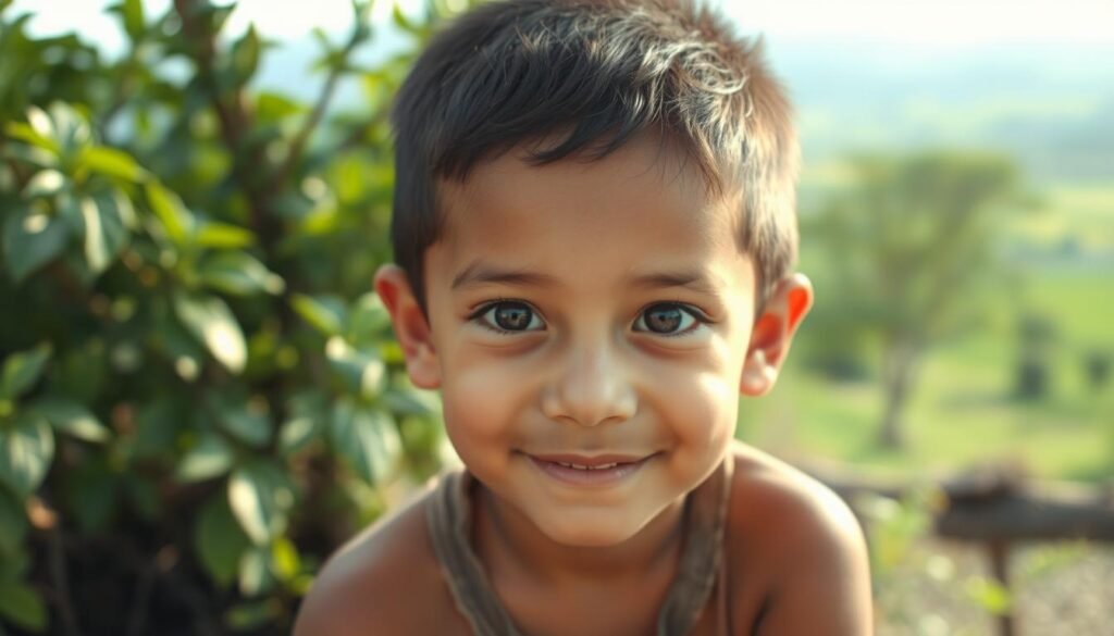 A young boy with a warm, charismatic expression sitting in a natural, outdoor setting. The foreground features him gazing directly at the camera, his features highlighted by soft, diffused lighting. The middle ground showcases lush, verdant foliage, hinting at a serene, rural backdrop. The background subtly blurs into a tranquil, sun-dappled landscape, creating a sense of depth and atmosphere. Capture the subject's captivating presence and youthful aura, conveying a sense of cultural heritage and personal charm.