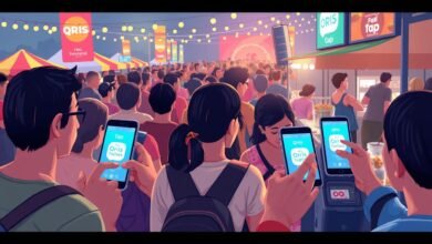 Ilustrasi QRIS Tap di festival musik dengan pengunjung melakukan pembayaran
