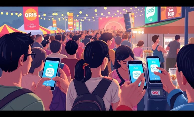 Ilustrasi QRIS Tap di festival musik dengan pengunjung melakukan pembayaran