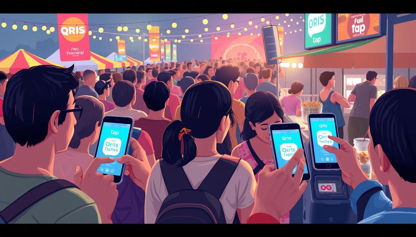 Ilustrasi QRIS Tap di festival musik dengan pengunjung melakukan pembayaran
