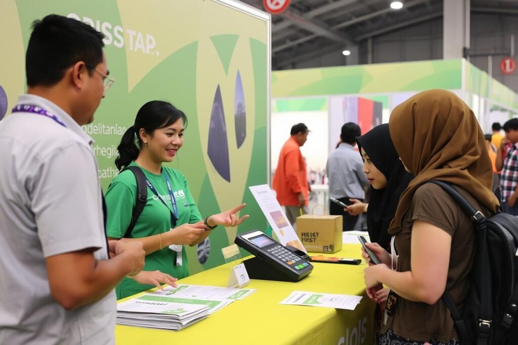 Pengunjung mendapatkan bantuan untuk transaksi QRIS Tap di meja bantuan festival Pengunjung mendapatkan bantuan untuk transaksi QRIS Tap di meja bantuan festival