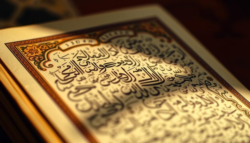 A close-up shot of an illuminated, intricately decorated page from a Quran manuscript, showcasing the unique calligraphic style known as Rasm Al-Quran. The page is bathed in warm, soft lighting, highlighting the delicate flourishes and patterns that characterize this traditional script. The background is subtly blurred, allowing the beauty and detail of the Rasm Al-Quran to take center stage. The image captures the reverence and artistry inherent in this sacred calligraphic form, reflecting the rich heritage and spiritual significance of the Holy Quran. A close-up shot of an illuminated, intricately decorated page from a Quran manuscript, showcasing the unique calligraphic style known as Rasm Al-Quran. The page is bathed in warm, soft lighting, highlighting the delicate flourishes and patterns that characterize this traditional script. The background is subtly blurred, allowing the beauty and detail of the Rasm Al-Quran to take center stage. The image captures the reverence and artistry inherent in this sacred calligraphic form, reflecting the rich heritage and spiritual significance of the Holy Quran.