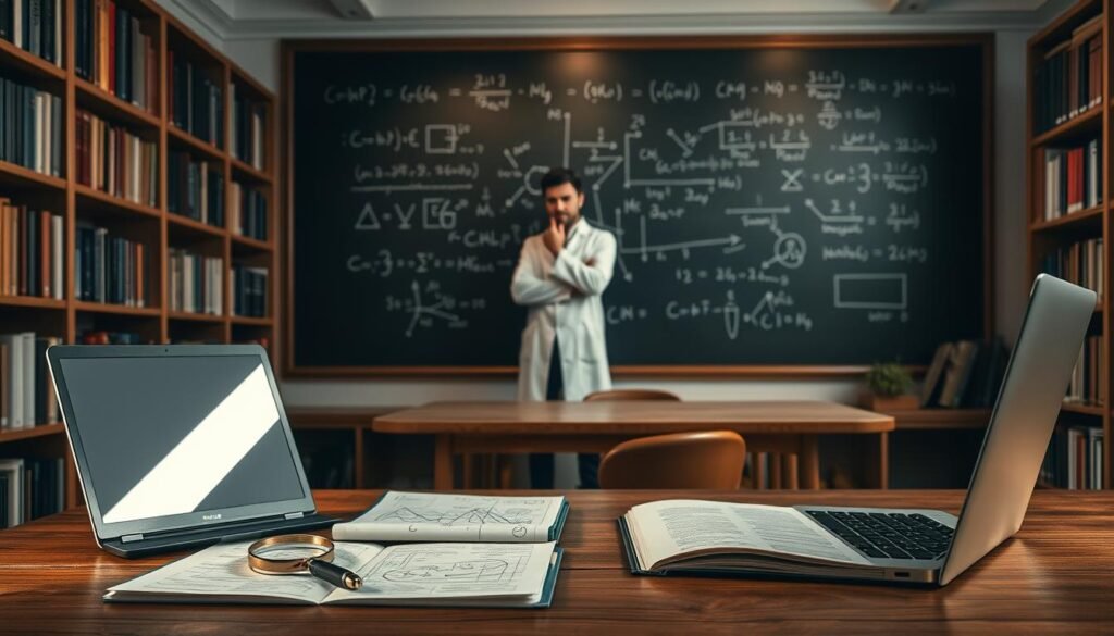 A dimly lit academic study, bookshelves lining the walls, a wooden desk in the foreground with a laptop, pen, and paper. On the desk, a magnifying glass and a research journal open, showcasing intricate diagrams and scribbled notes. In the middle ground, a researcher in a crisp, white lab coat stands contemplatively, hand on chin, surrounded by an aura of focused concentration. The background features a large chalkboard with equations and formulas, illuminated by soft, warm lighting, creating an atmosphere of scholarly exploration and the pursuit of knowledge. A dimly lit academic study, bookshelves lining the walls, a wooden desk in the foreground with a laptop, pen, and paper. On the desk, a magnifying glass and a research journal open, showcasing intricate diagrams and scribbled notes. In the middle ground, a researcher in a crisp, white lab coat stands contemplatively, hand on chin, surrounded by an aura of focused concentration. The background features a large chalkboard with equations and formulas, illuminated by soft, warm lighting, creating an atmosphere of scholarly exploration and the pursuit of knowledge.