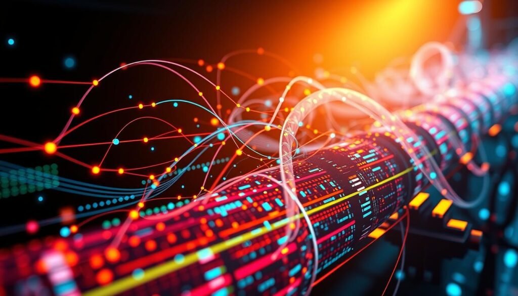 A highly detailed, 3D-rendered image of a data pipeline visualization, featuring a dynamic flow of colorful data streams, interconnected nodes, and sleek technological aesthetics. The scene is illuminated by a warm, directional lighting setup, casting dramatic shadows and highlights that accentuate the depth and complexity of the design. The camera angle is positioned to showcase the data pipeline in an engaging, eye-catching composition, capturing the essence of the "Trend karir jurusan IT yang sedang naik di era digital" topic.