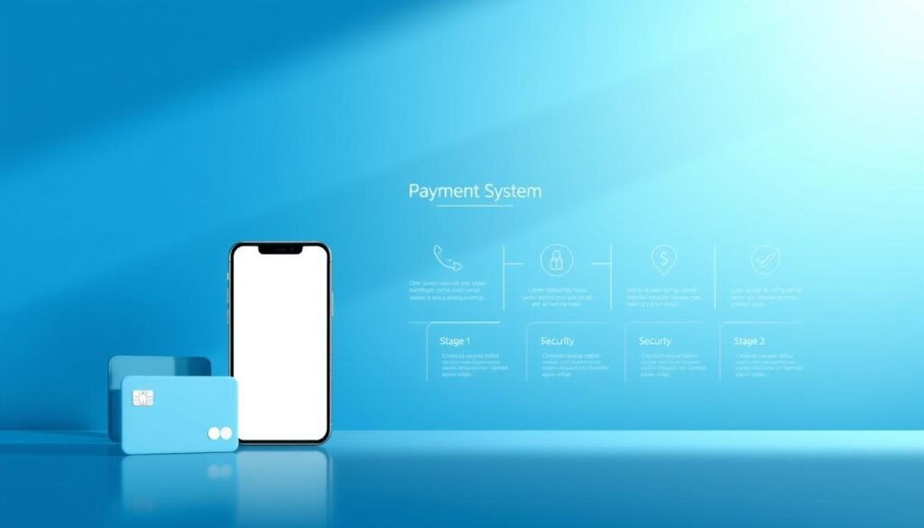 A modern and sleek payment system interface with a minimalist design. The foreground displays a stylized digital wallet, credit card, and mobile device, symbolizing the seamless integration of digital payment methods. The middle ground features clean infographic elements, illustrating key payment flow stages and security features. The background has a subtle gradient in shades of blue, conveying a sense of trust, professionalism, and technological advancement. The lighting is soft and directional, creating depth and emphasizing the key design elements. The overall mood is one of efficiency, reliability, and innovation in the digital payment landscape.