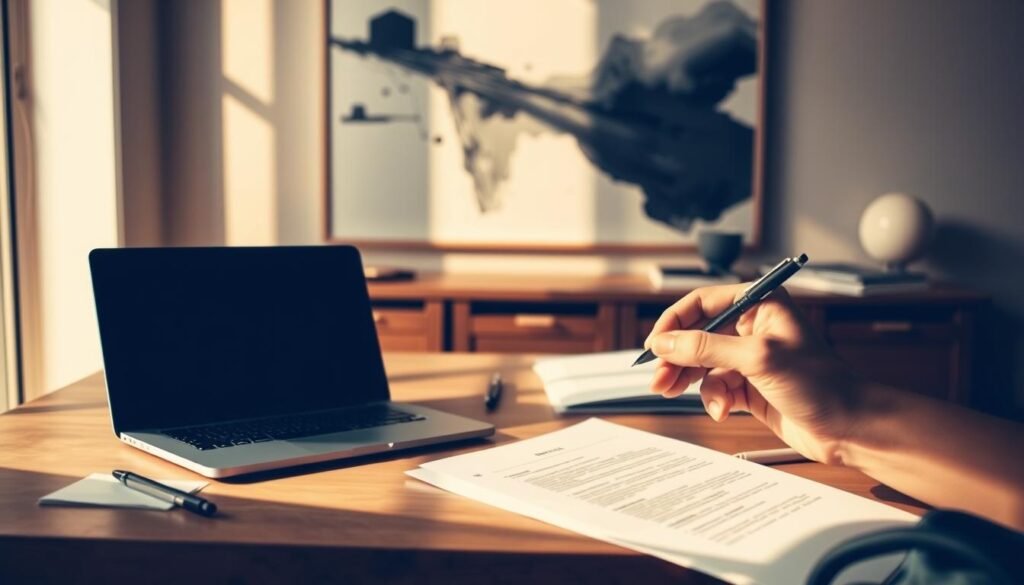 A sleek, minimalist office workspace with a laptop, stationery, and research materials neatly arranged on a wooden desk. Warm, directional lighting casts soft shadows, creating a contemplative, focused atmosphere. In the foreground, a hand holds a pen, poised to jot down notes and ideas for a research proposal. The background features a large, framed abstract artwork, adding a touch of sophistication. The overall scene conveys a sense of intentionality, professionalism, and the thoughtful process of crafting an engaging research proposal. A sleek, minimalist office workspace with a laptop, stationery, and research materials neatly arranged on a wooden desk. Warm, directional lighting casts soft shadows, creating a contemplative, focused atmosphere. In the foreground, a hand holds a pen, poised to jot down notes and ideas for a research proposal. The background features a large, framed abstract artwork, adding a touch of sophistication. The overall scene conveys a sense of intentionality, professionalism, and the thoughtful process of crafting an engaging research proposal.
